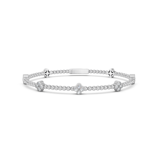 Round Lab Diamond Clover Stationed Shape Flexible Bangle in 14K White Gold – top view