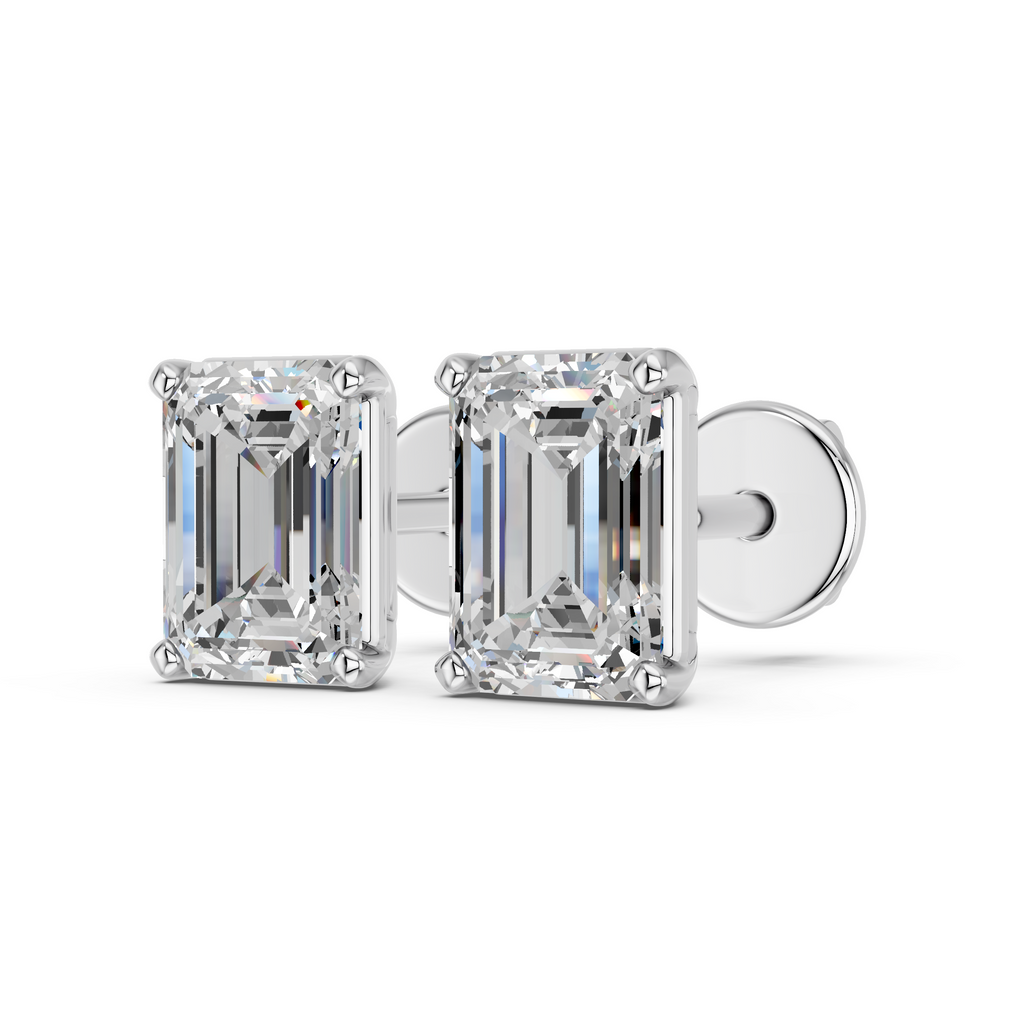 Emerald Cut Lab Diamond Solitaire Stud in 14K White Gold – angled view