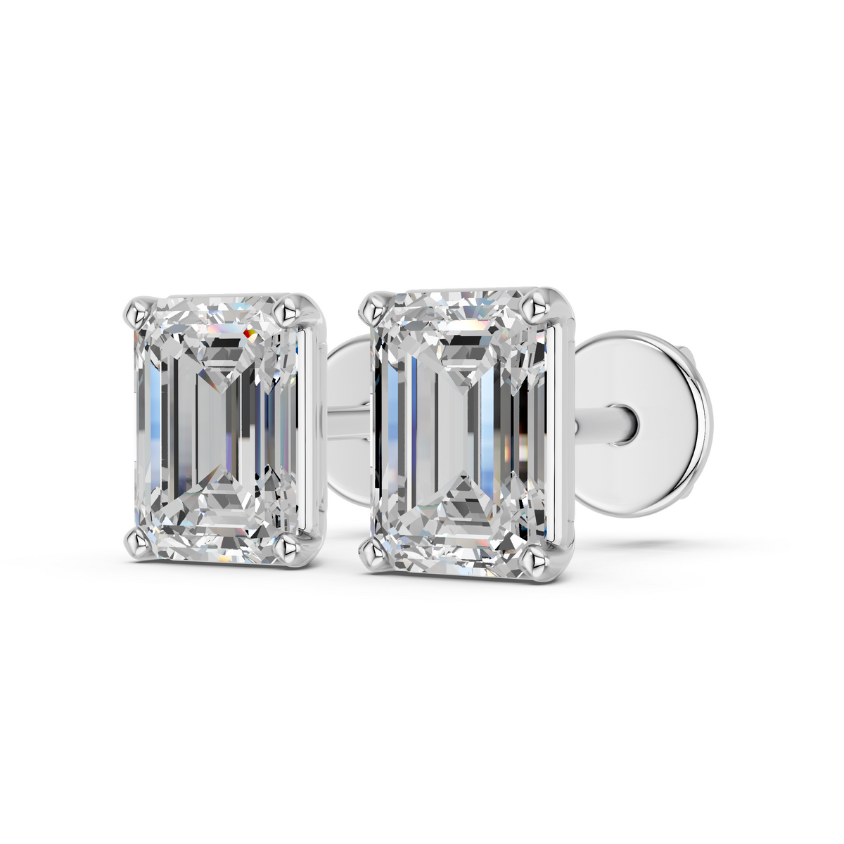 Emerald Cut Lab Diamond Solitaire Stud in 14K White Gold – angled view