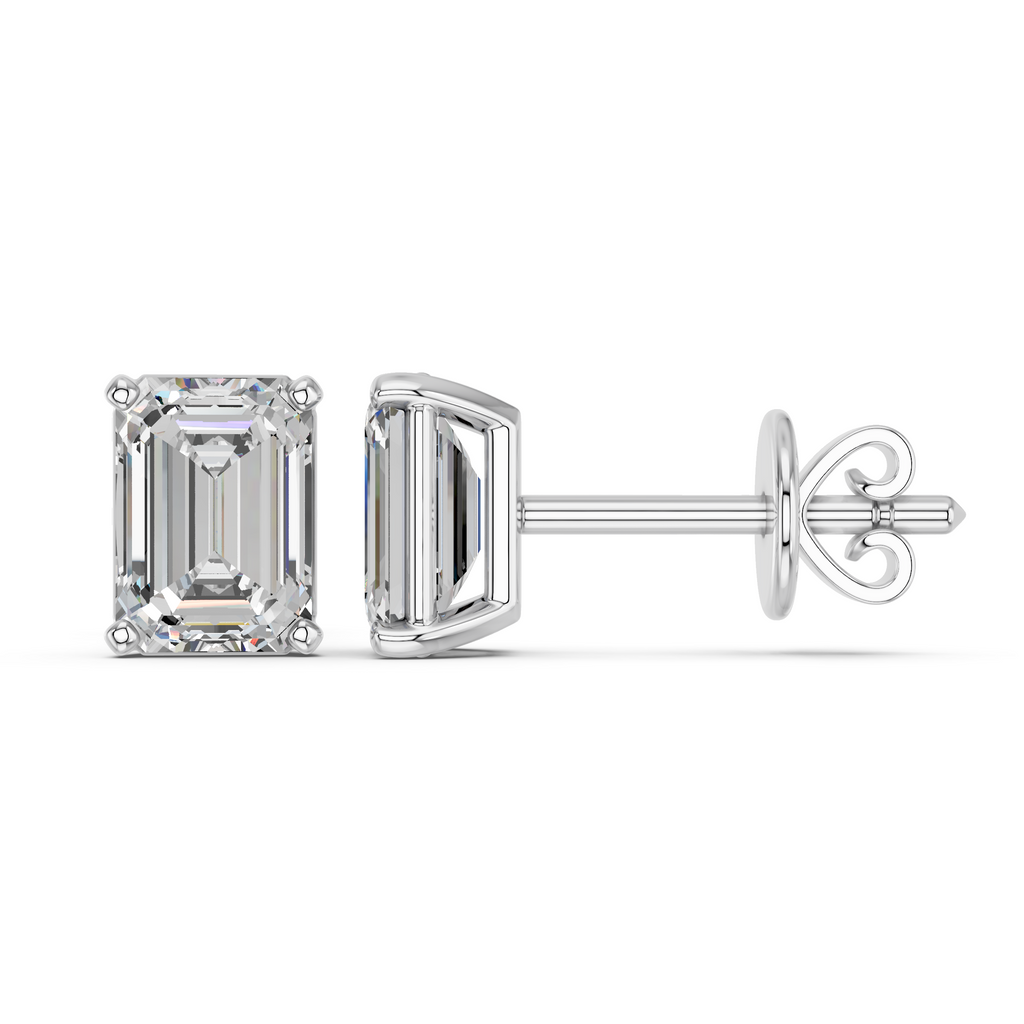 Emerald Cut Lab Diamond Solitaire Stud in 14K White Gold – side view