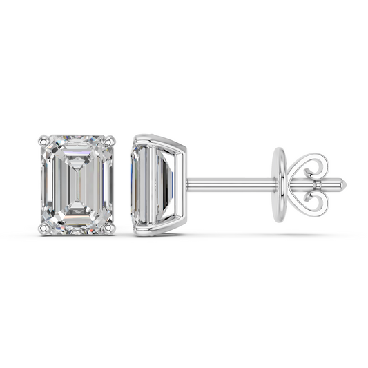 Emerald Cut Lab Diamond Solitaire Stud in 14K White Gold – side view