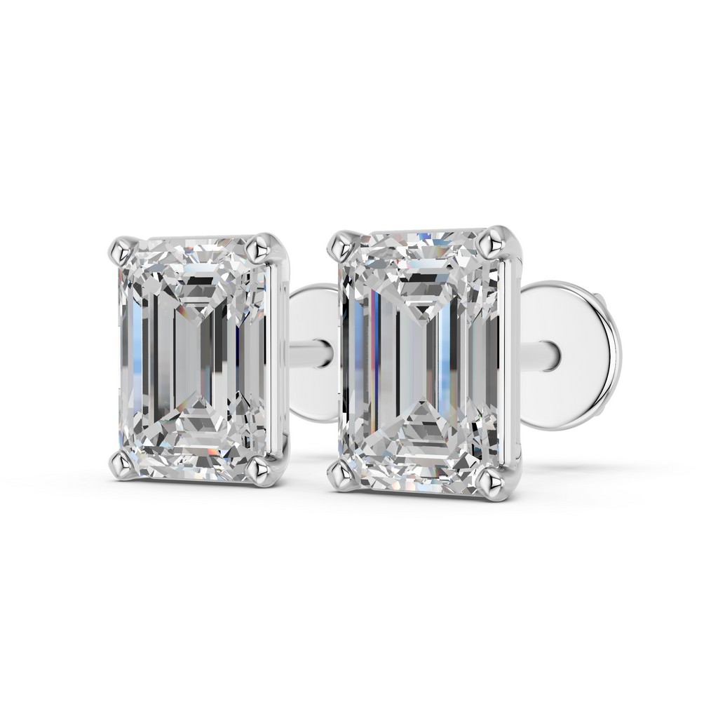 Emerald Cut Lab Diamond Solitaire Stud in 14K White Gold – angled view