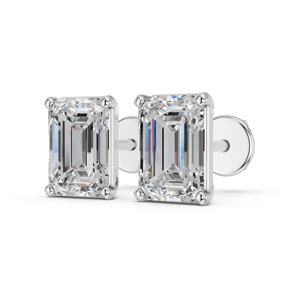 Emerald Cut Lab Diamond Solitaire Stud in 14K White Gold – angled view