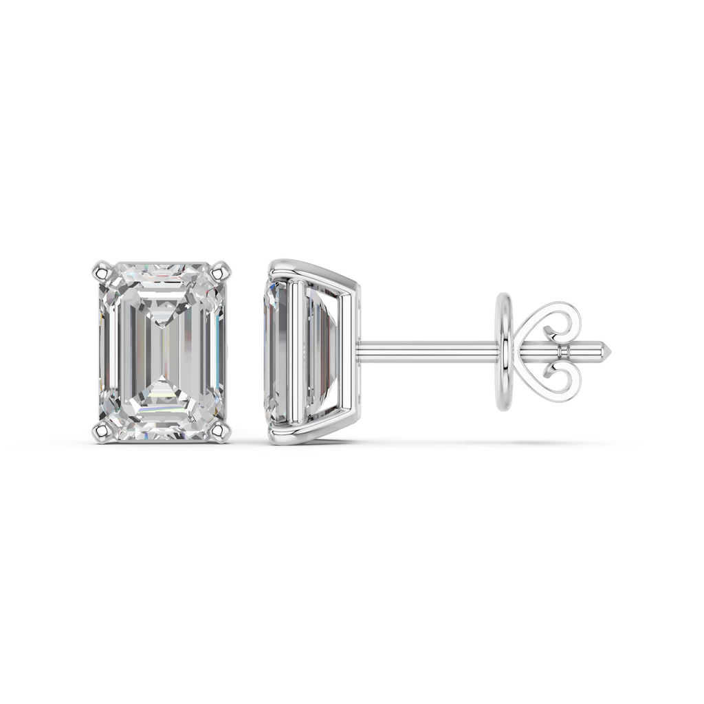 Emerald Cut Lab Diamond Solitaire Stud in 14K White Gold – side view