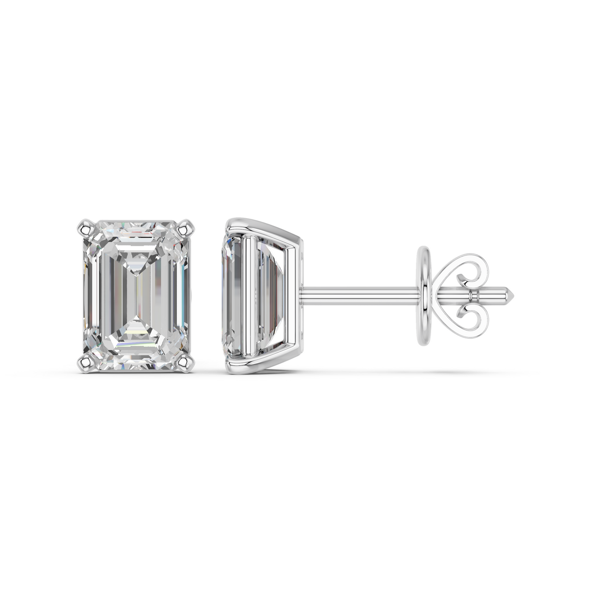 Emerald Cut Lab Diamond Solitaire Stud in 14K White Gold – side view