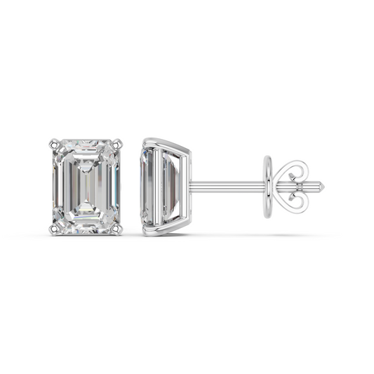 Emerald Cut Lab Diamond Solitaire Stud in 14K White Gold – side view