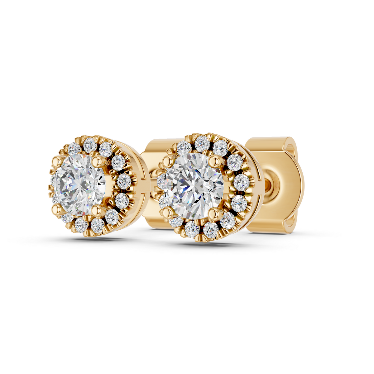 Round Lab Diamond Halo Stud in 14K Yellow Gold – angled view