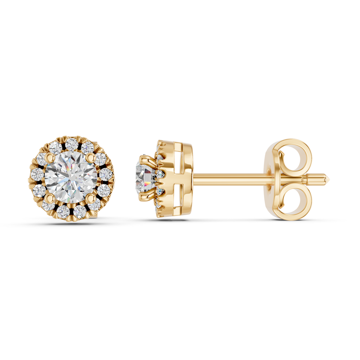 Round Lab Diamond Halo Stud in 14K Yellow Gold – side view