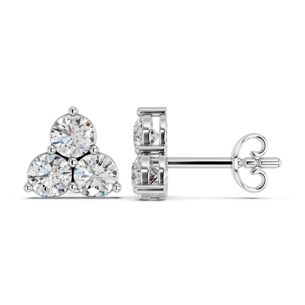 Round Lab Diamond 3 Stone Stud in 14K White Gold – side view