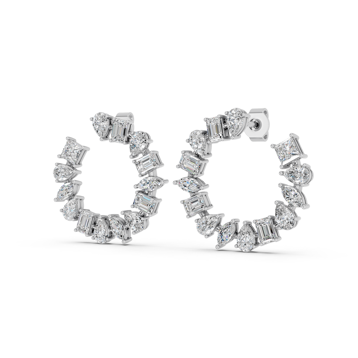 Multi Shape Lab Diamond Circle Earring in 14K White Gold – angled view