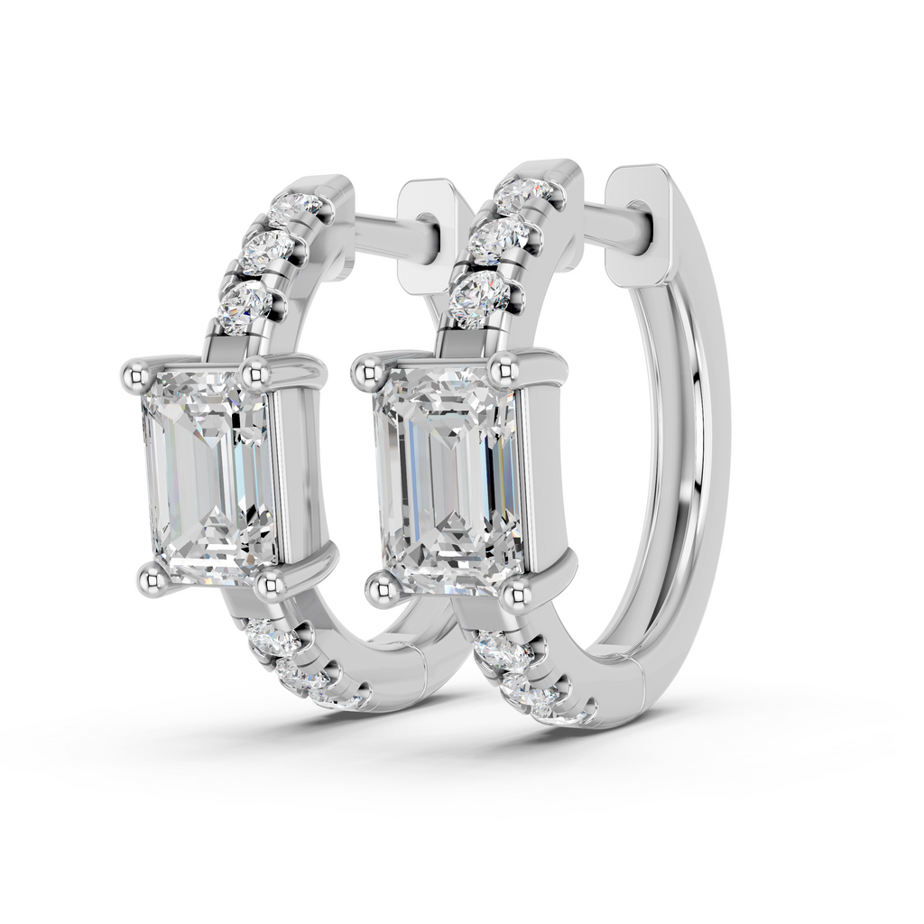 Emerald Cut Lab Diamond Hoop Earring in 14K White Gold – angled view