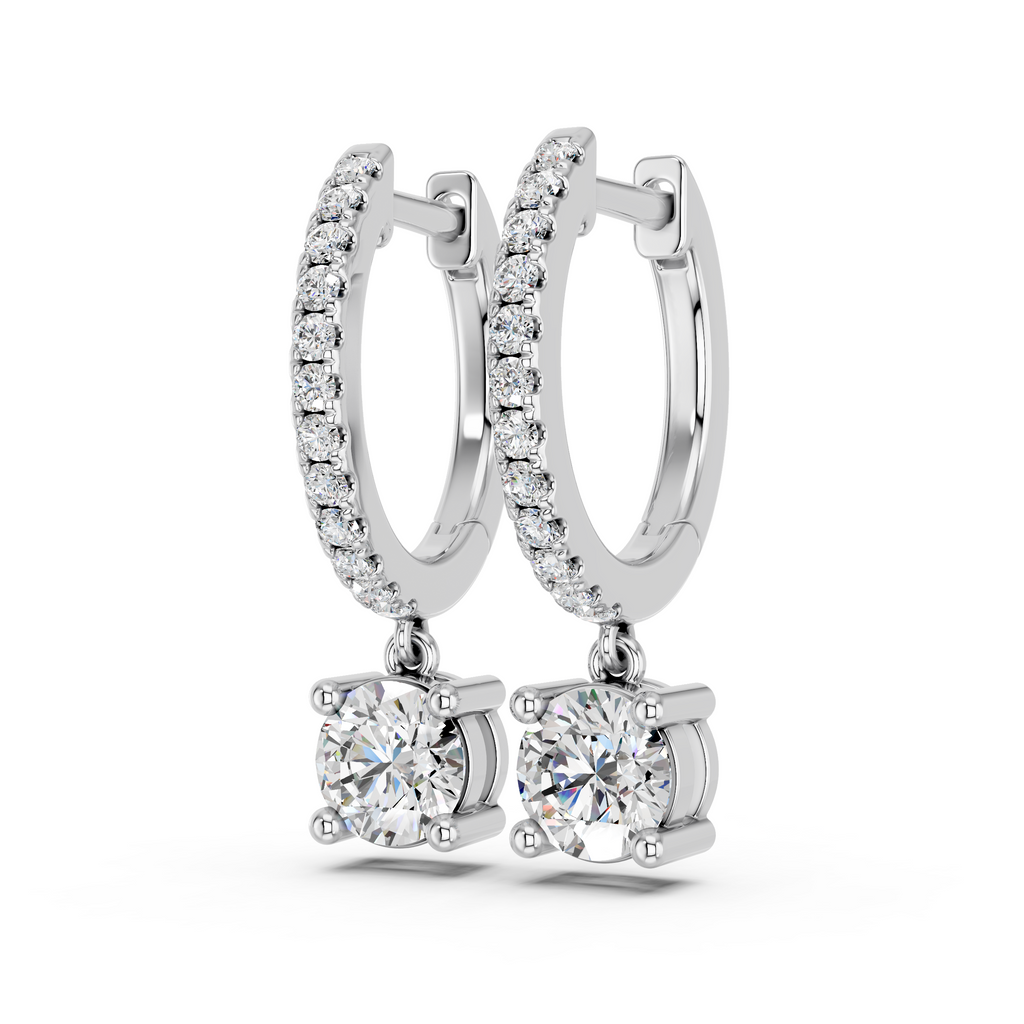 Round Lab Diamond Dangle Drop Hoop Earring in 14K White Gold – angled view