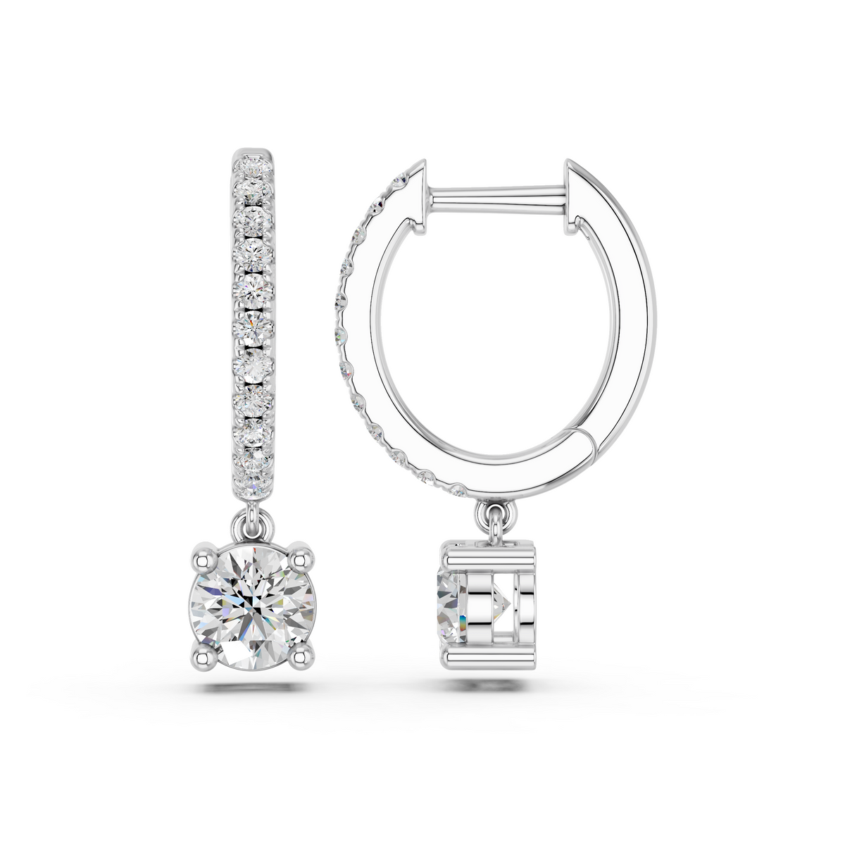 Round Lab Diamond Dangle Drop Hoop Earring in 14K White Gold – side view