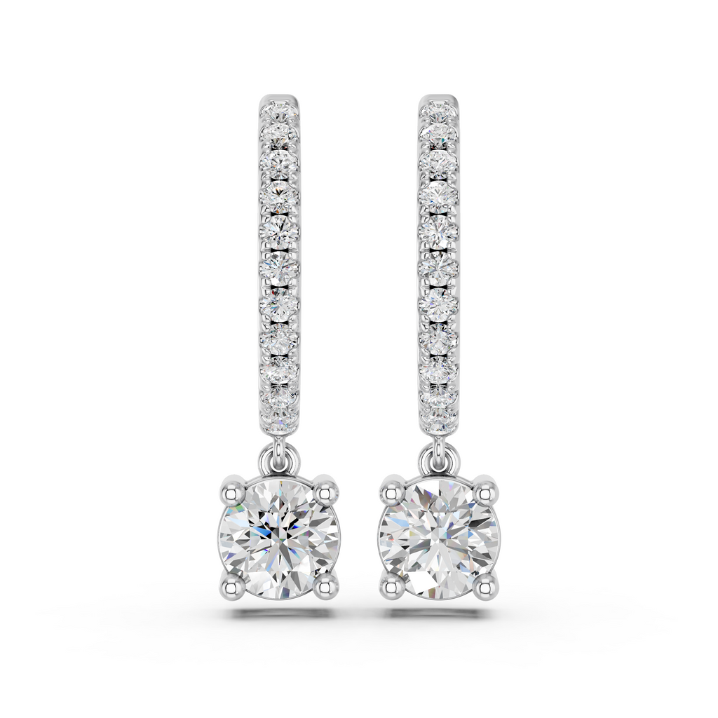 Round Lab Diamond Dangle Drop Hoop Earring in 14K White Gold – top view