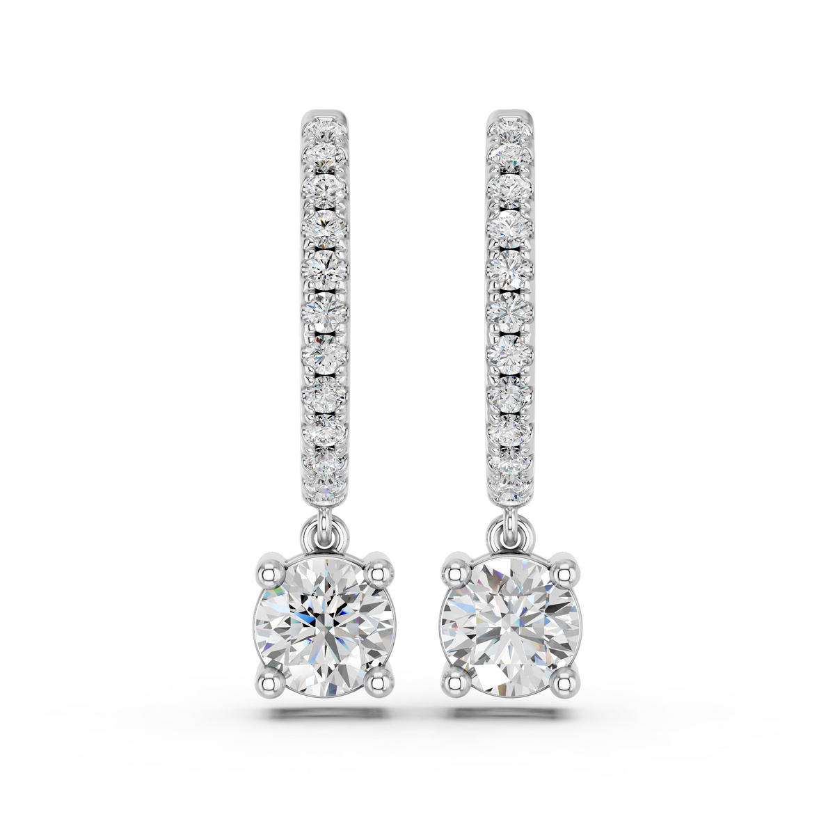 Round Lab Diamond Dangle Drop Hoop Earring in 14K White Gold – top view