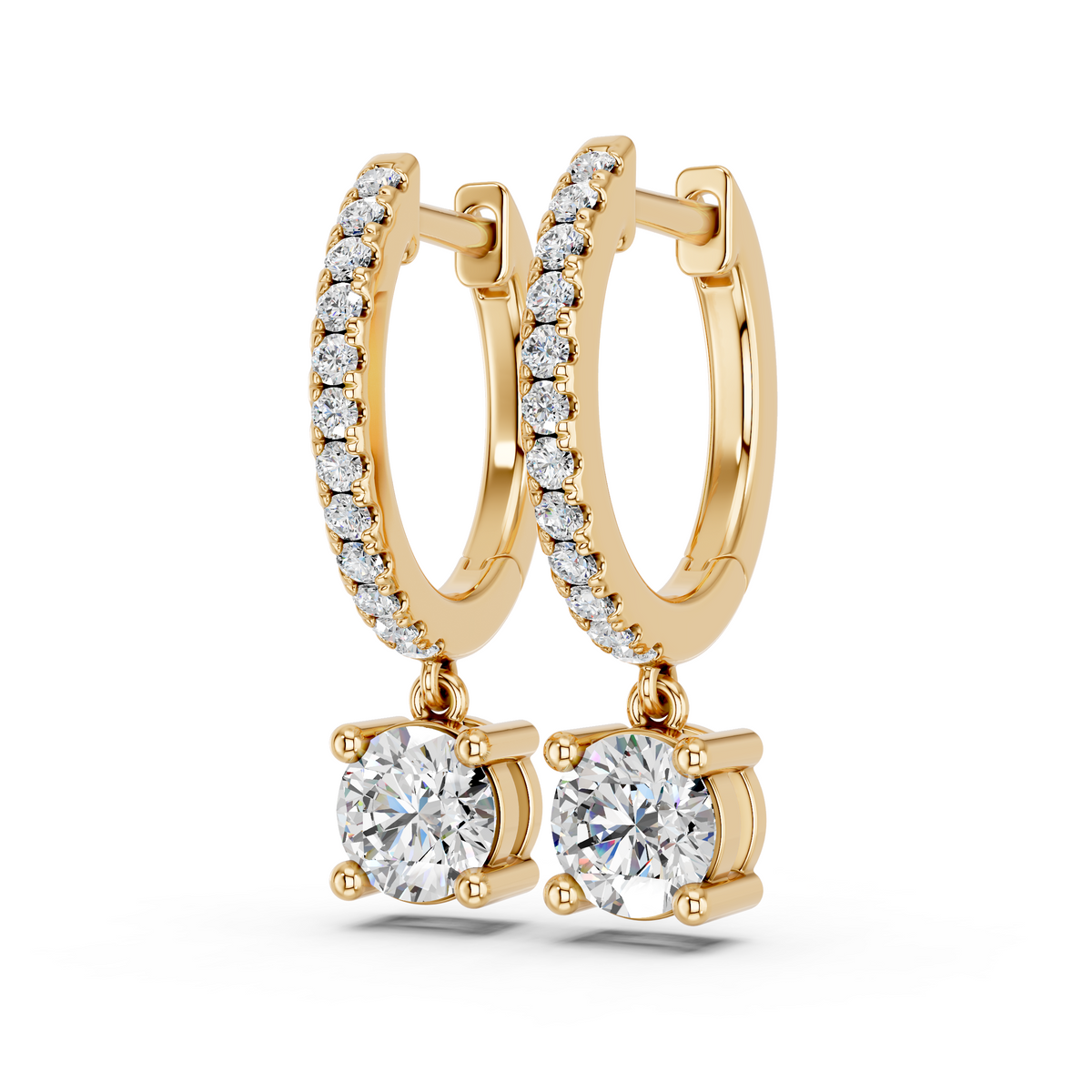 Round Lab Diamond Dangle Drop Hoop Earring in 14K Yellow Gold – angled view
