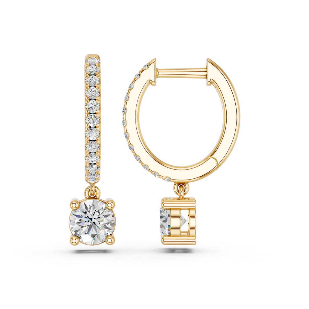 Round Lab Diamond Dangle Drop Hoop Earring in 14K Yellow Gold – side view