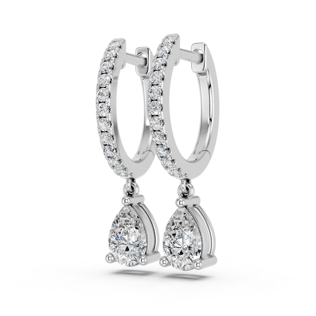 Pear Lab Diamond Dangle Drop Hoop Earring in 14K White Gold – angled view