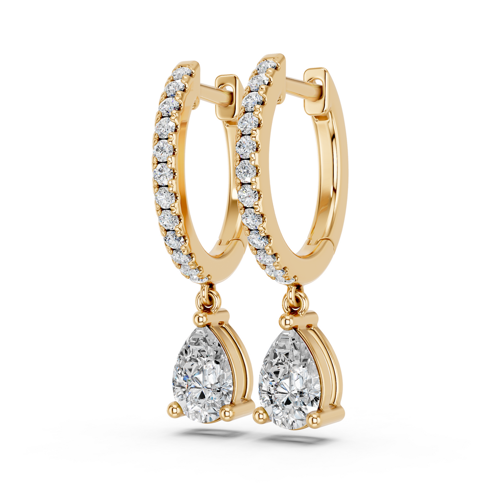 Pear Lab Diamond Dangle Drop Hoop Earring in 14K Yellow Gold – angled view