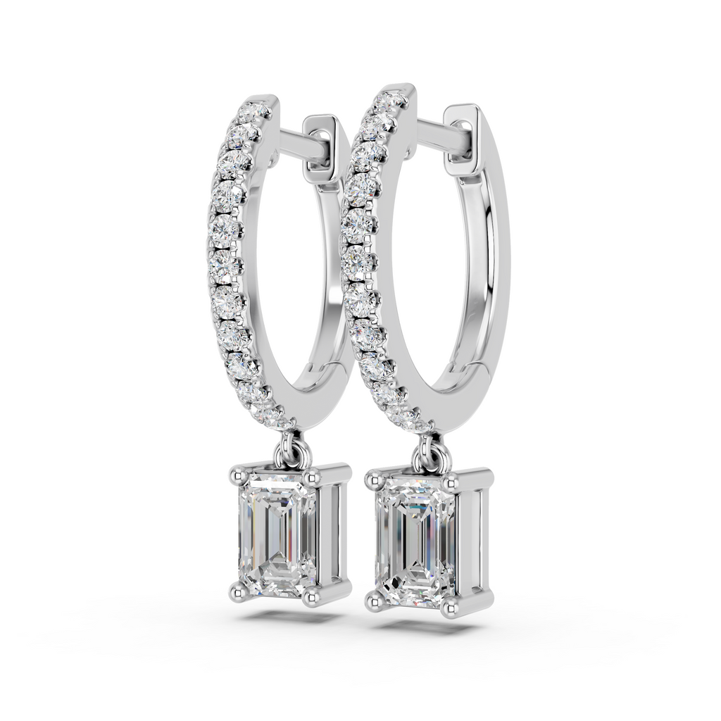 Emerald Cut Lab Diamond Dangle Drop Hoop Earring in 14K White Gold – angled view