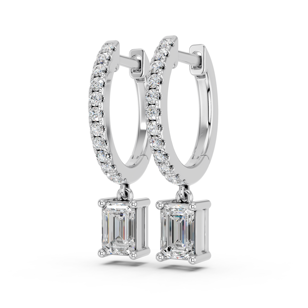 Emerald Cut Lab Diamond Dangle Drop Hoop Earring in 14K White Gold – angled view
