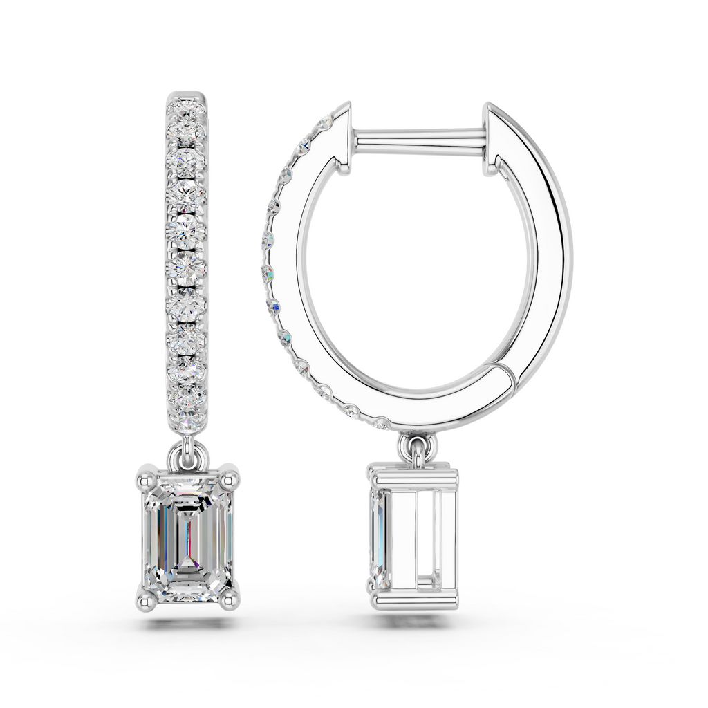 Emerald Cut Lab Diamond Dangle Drop Hoop Earring in 14K White Gold – side view