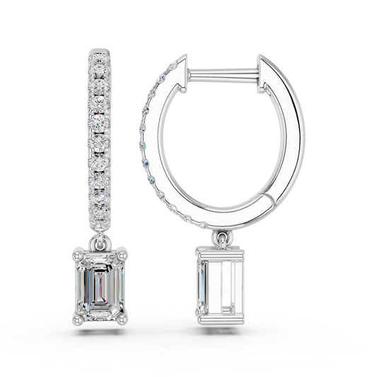 Emerald Cut Lab Diamond Dangle Drop Hoop Earring in 14K White Gold – side view