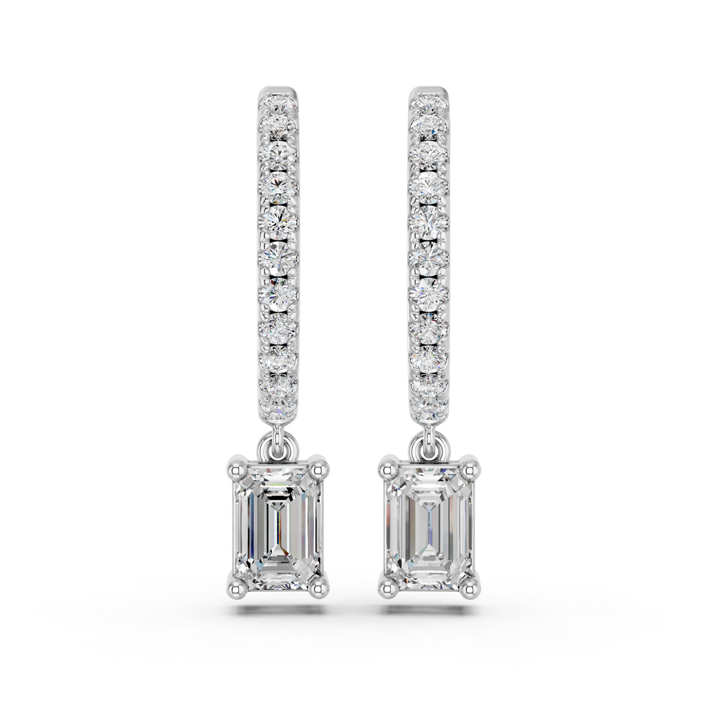 Emerald Cut Lab Diamond Dangle Drop Hoop Earring in 14K White Gold – top view