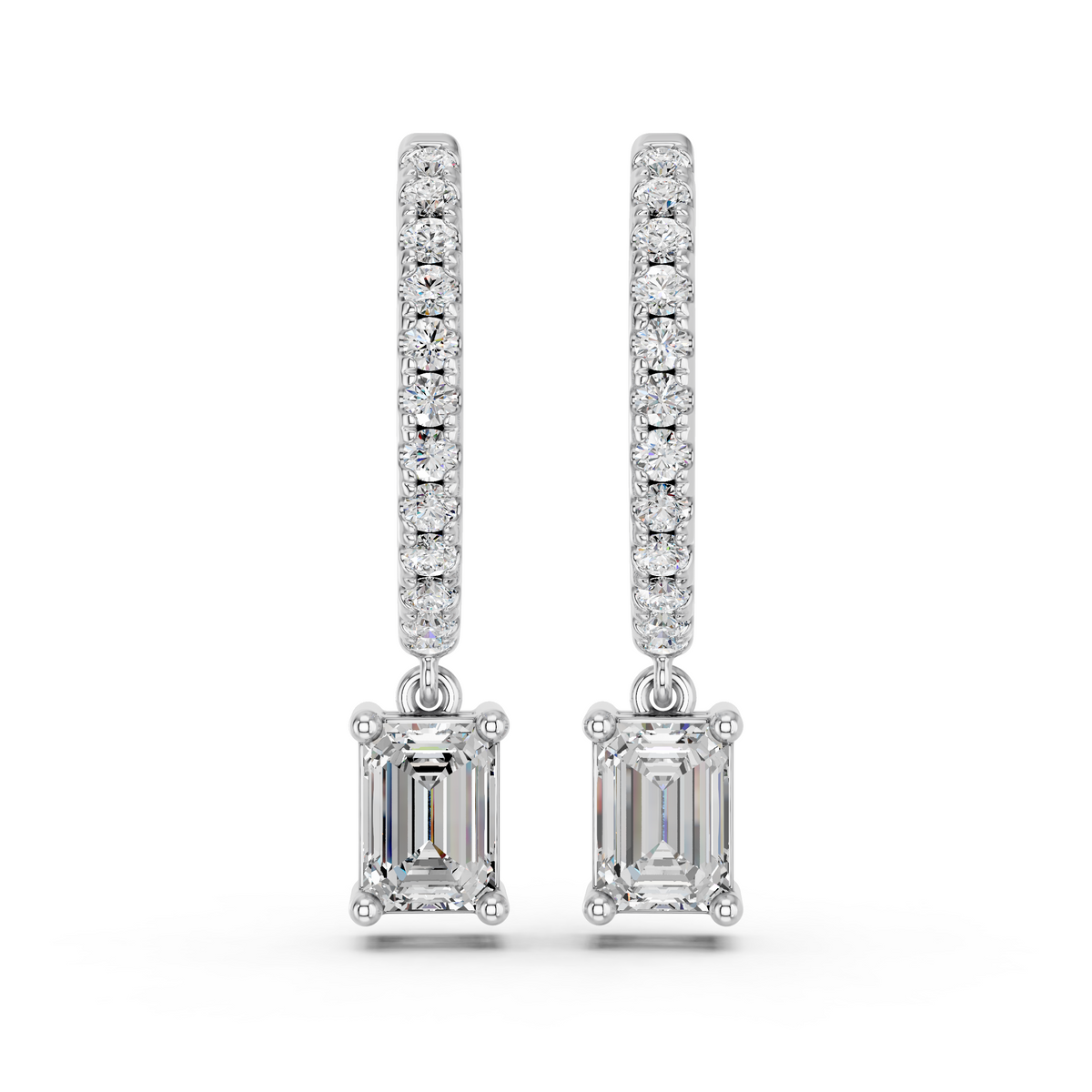 Emerald Cut Lab Diamond Dangle Drop Hoop Earring in 14K White Gold – top view