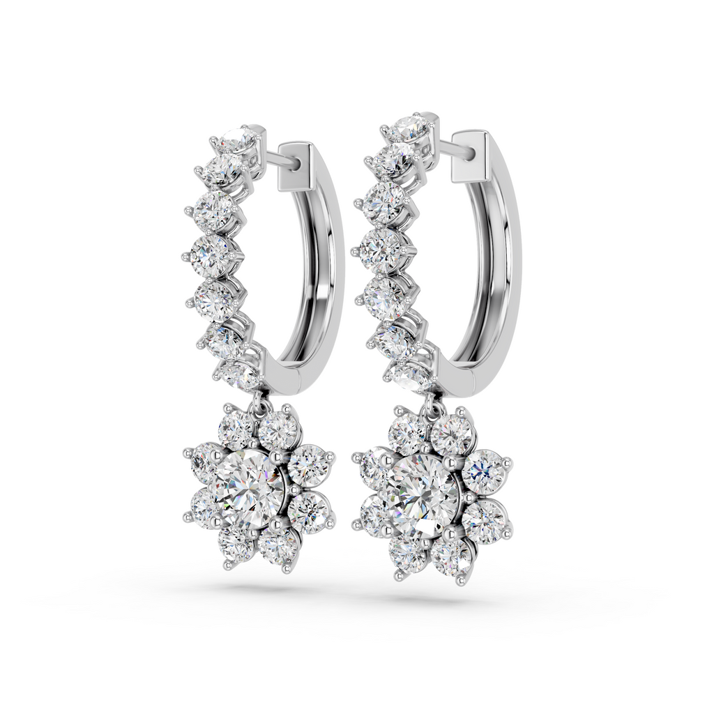 Round Lab Diamond Dangle Drop Hoop Earring in 14K White Gold – angled view