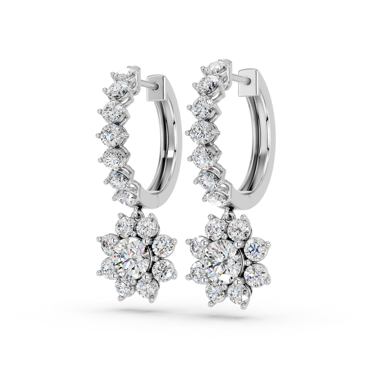 Round Lab Diamond Dangle Drop Hoop Earring in 14K White Gold – angled view