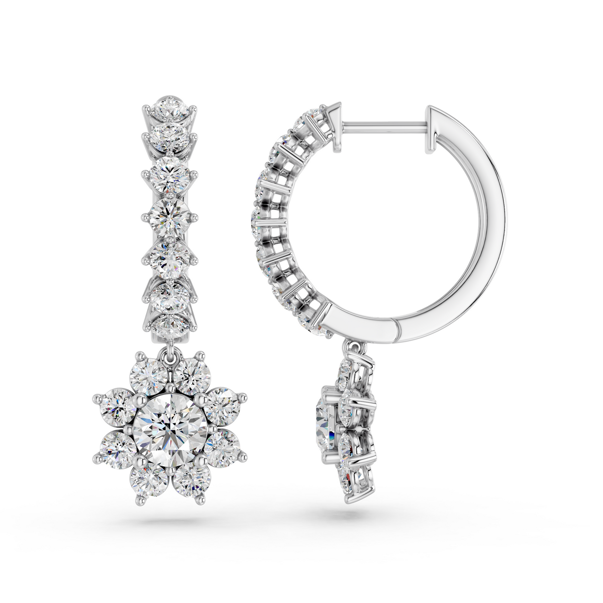 Round Lab Diamond Dangle Drop Hoop Earring in 14K White Gold – side view
