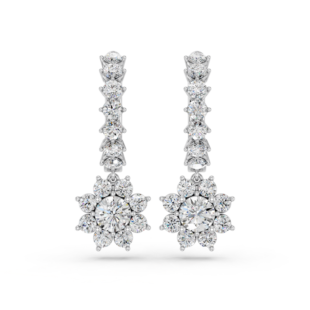Round Lab Diamond Dangle Drop Hoop Earring in 14K White Gold – top view