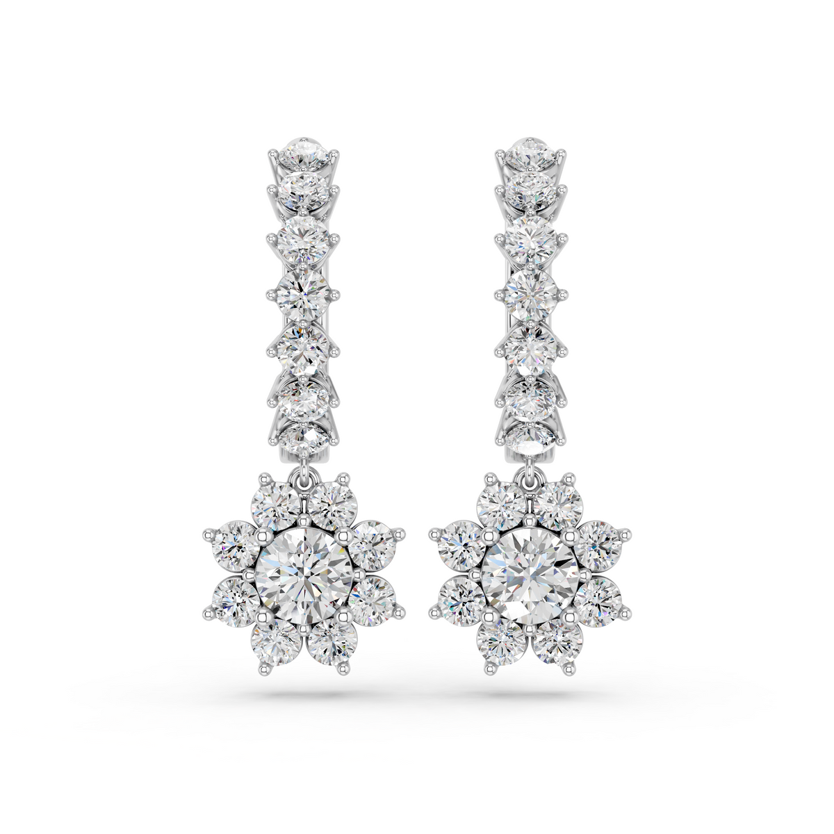 Round Lab Diamond Dangle Drop Hoop Earring in 14K White Gold – top view