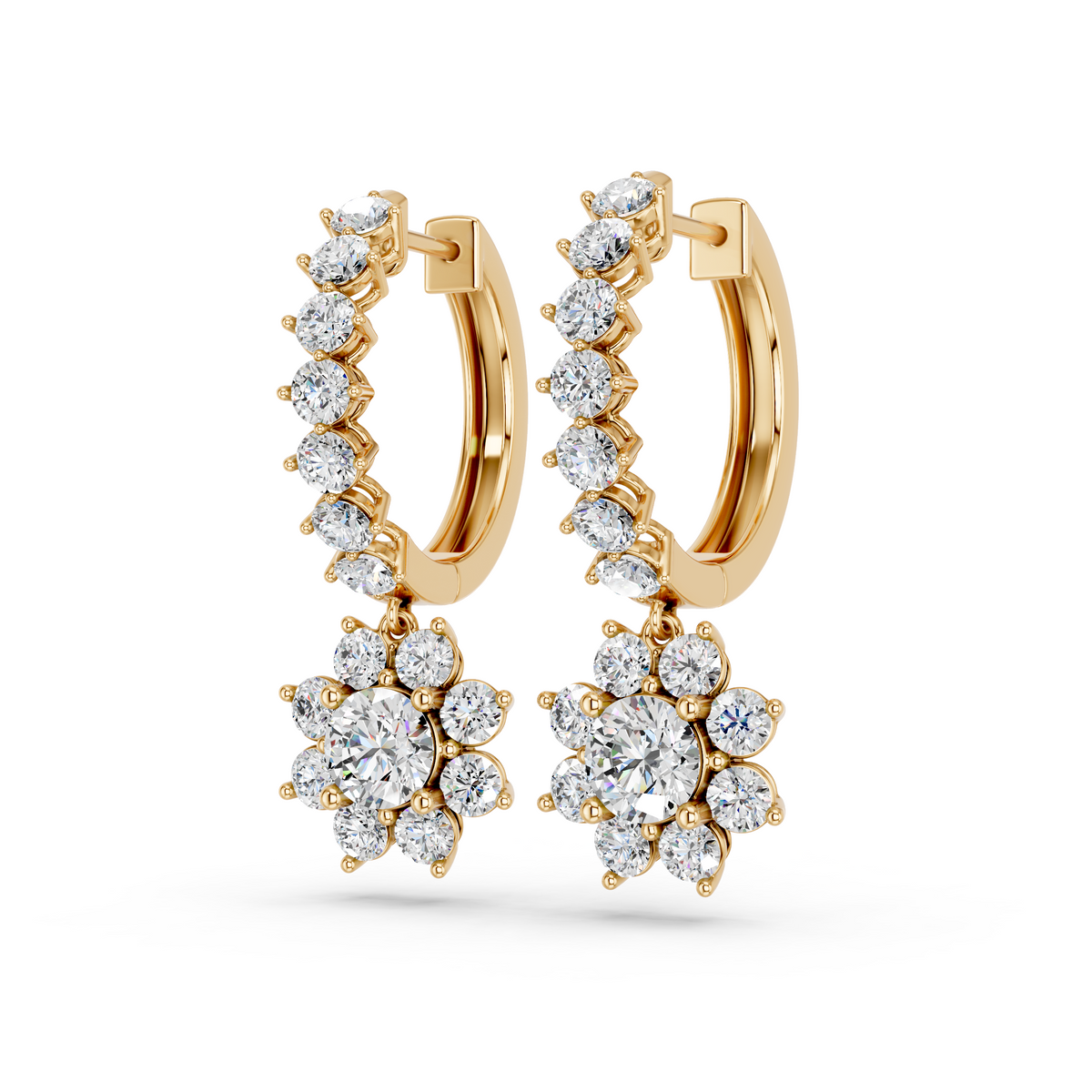 Round Lab Diamond Dangle Drop Hoop Earring in 14K Yellow Gold – angled view