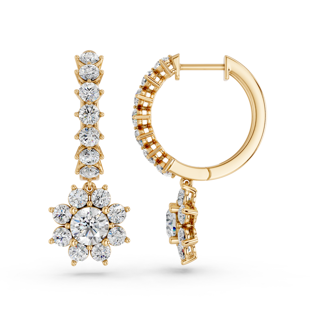 Round Lab Diamond Dangle Drop Hoop Earring in 14K Yellow Gold – side view