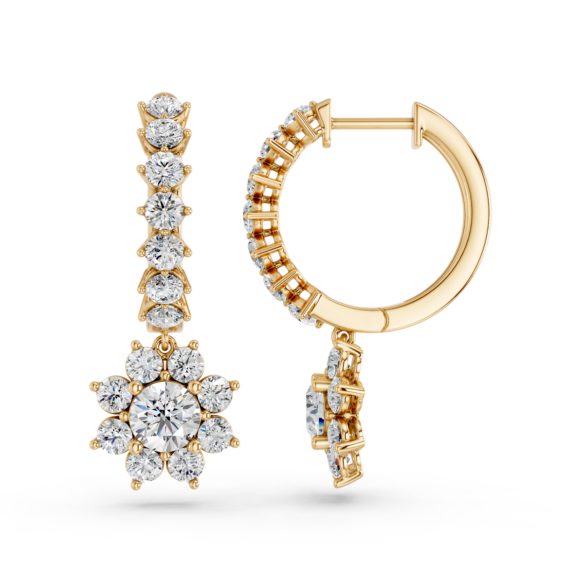 Round Lab Diamond Dangle Drop Hoop Earring in 14K Yellow Gold – side view
