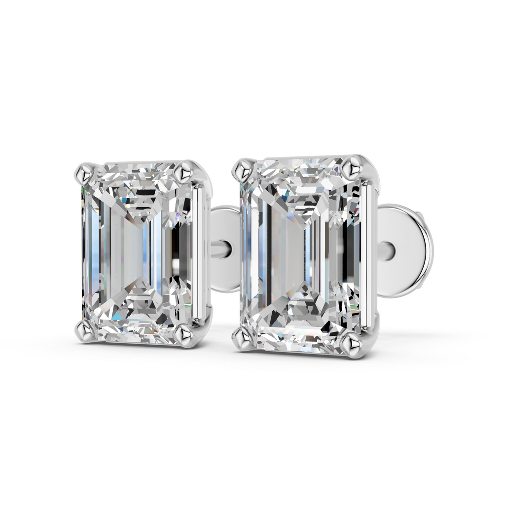 Emerald Cut Lab Diamond Solitaire Stud in 14K White Gold – angled view