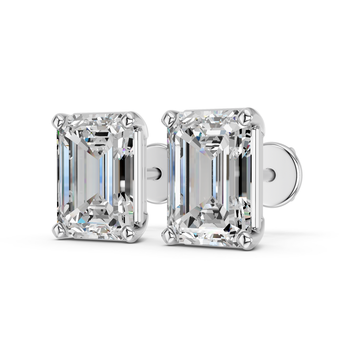 Emerald Cut Lab Diamond Solitaire Stud in 14K White Gold – angled view