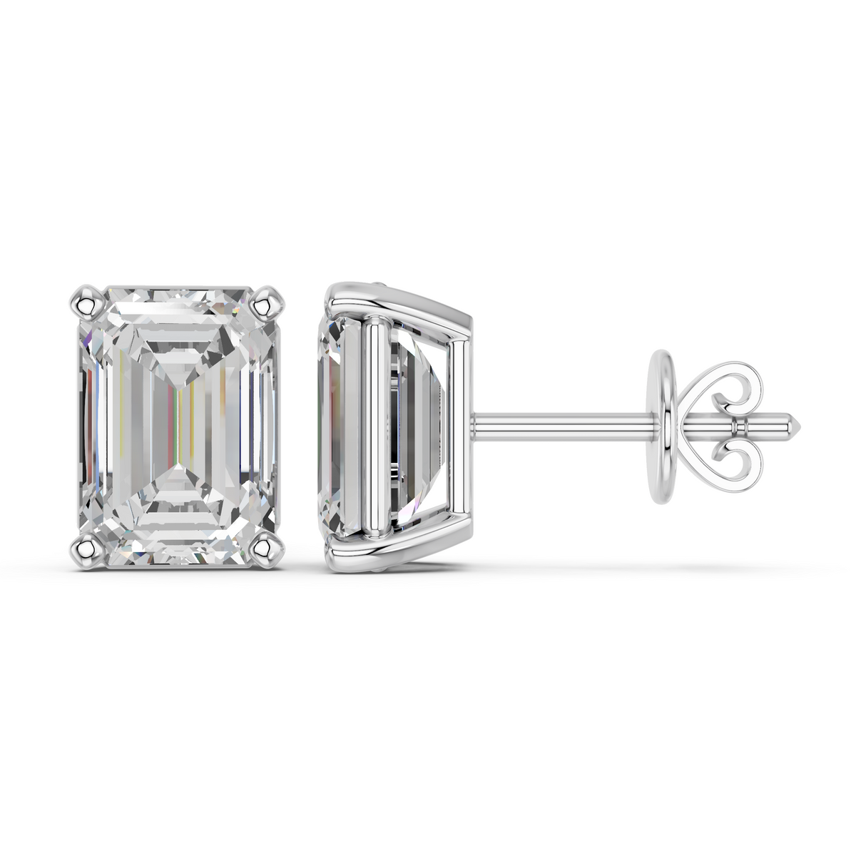 Emerald Cut Lab Diamond Solitaire Stud in 14K White Gold – side view