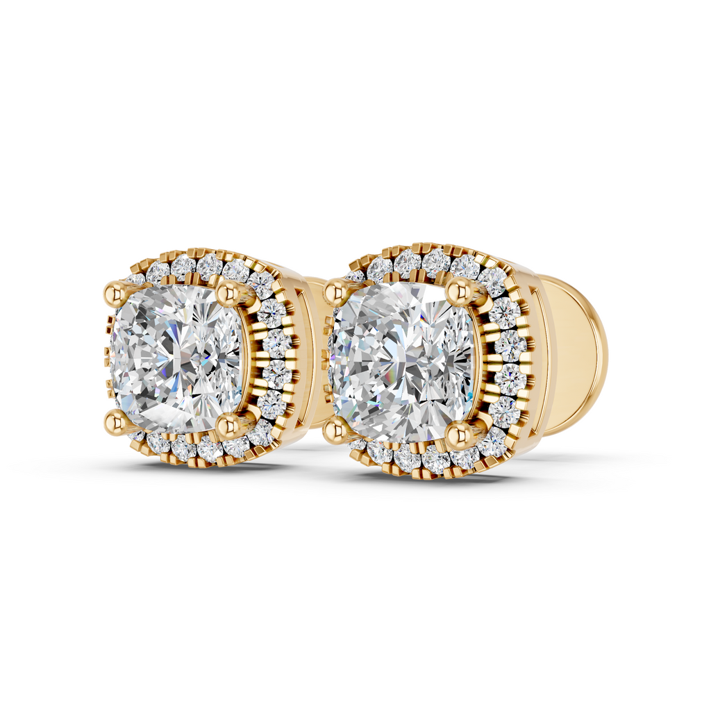 Cushion Lab Diamond Halo Stud in 14K Yellow Gold – angled view