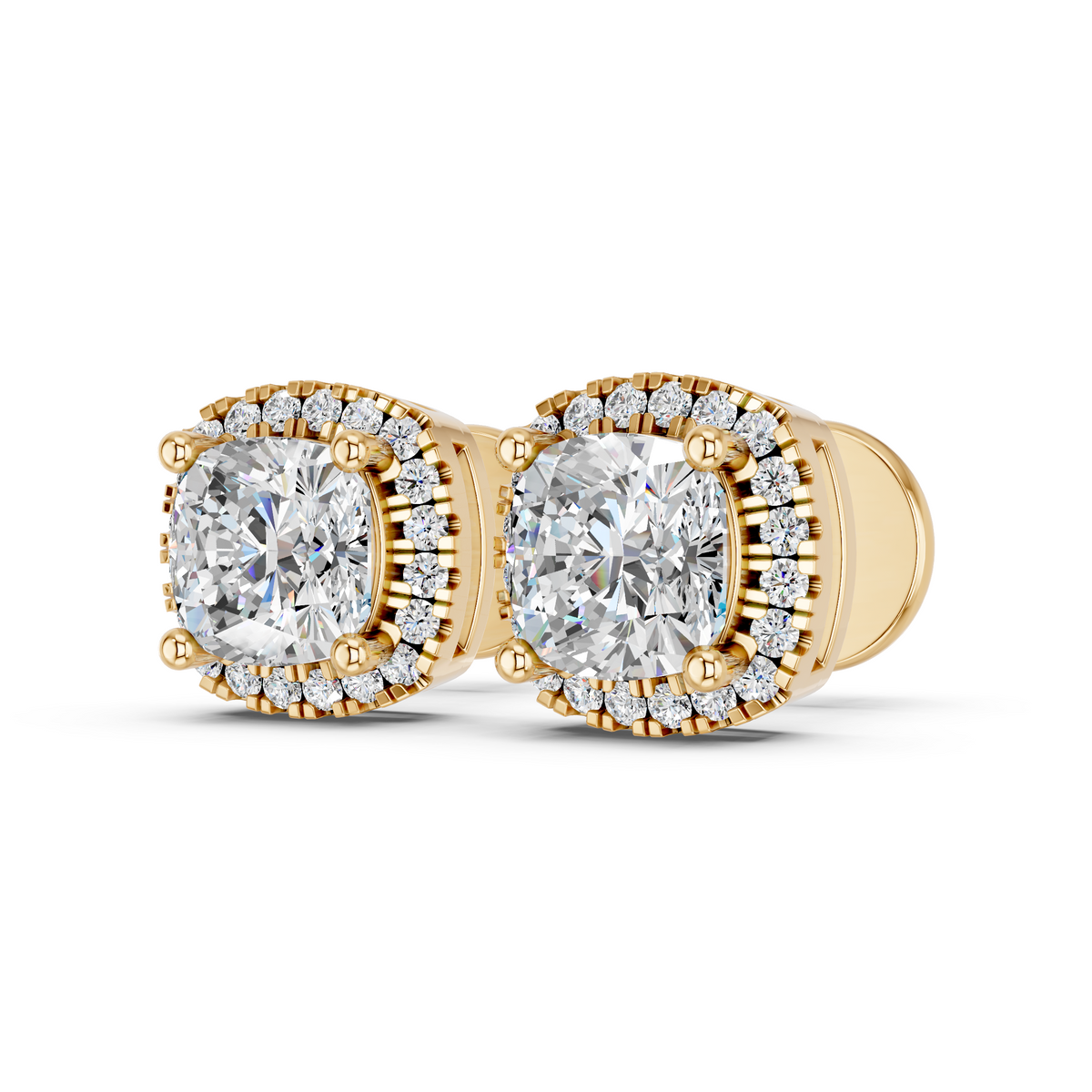 Cushion Lab Diamond Halo Stud in 14K Yellow Gold – angled view