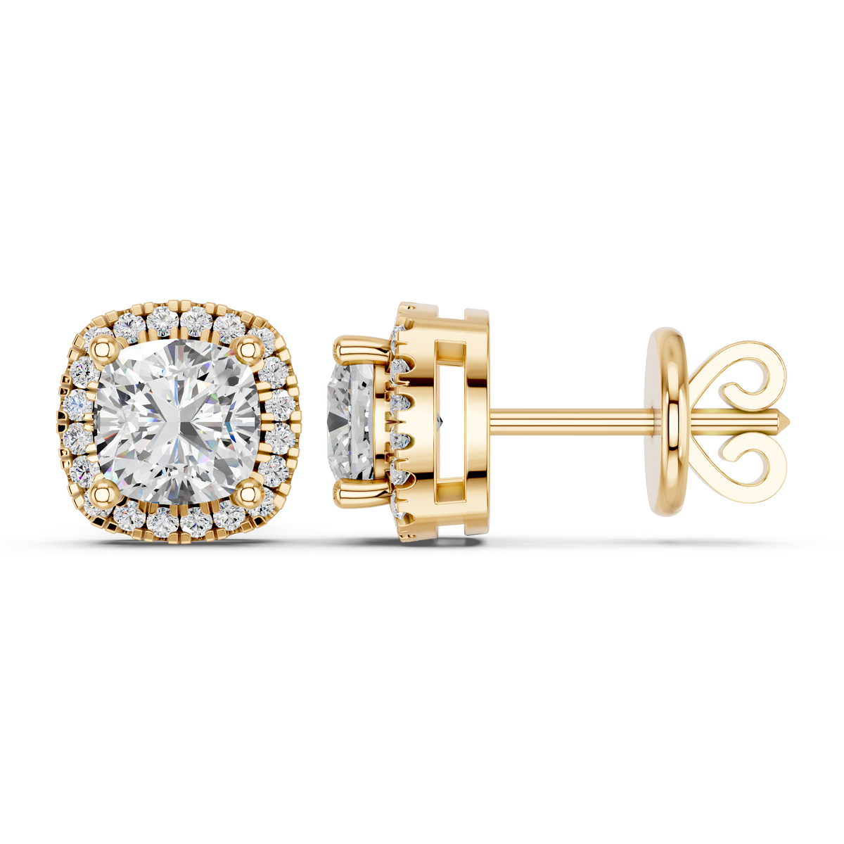 Cushion Lab Diamond Halo Stud in 14K Yellow Gold – side view