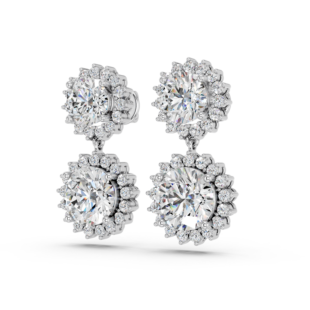 Round Lab Diamond Dangle Drop Earring in 14K White Gold – angled view
