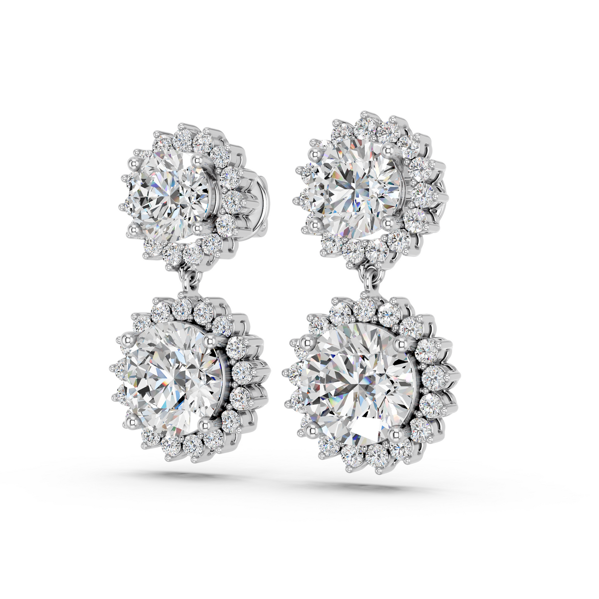 Round Lab Diamond Dangle Drop Earring in 14K White Gold – angled view