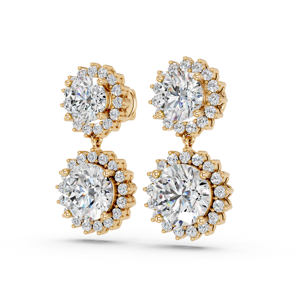 Round Lab Diamond Dangle Drop Earring in 14K Yellow Gold – angled view