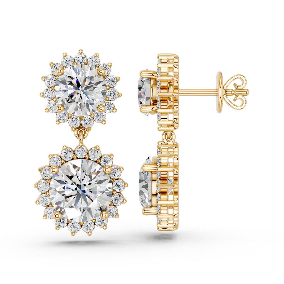 Round Lab Diamond Dangle Drop Earring in 14K Yellow Gold – side view