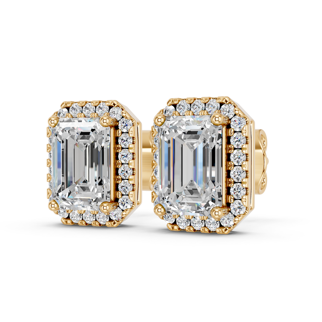 Emerald Cut Lab Diamond Halo Stud in 14K Yellow Gold – angled top view