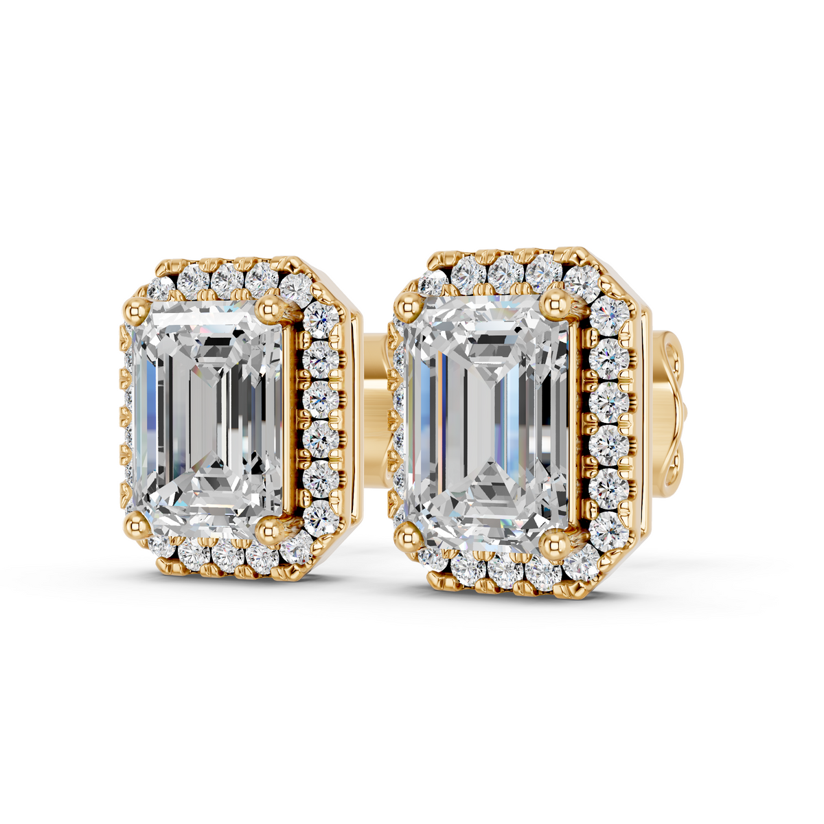 Emerald Cut Lab Diamond Halo Stud in 14K Yellow Gold – angled top view