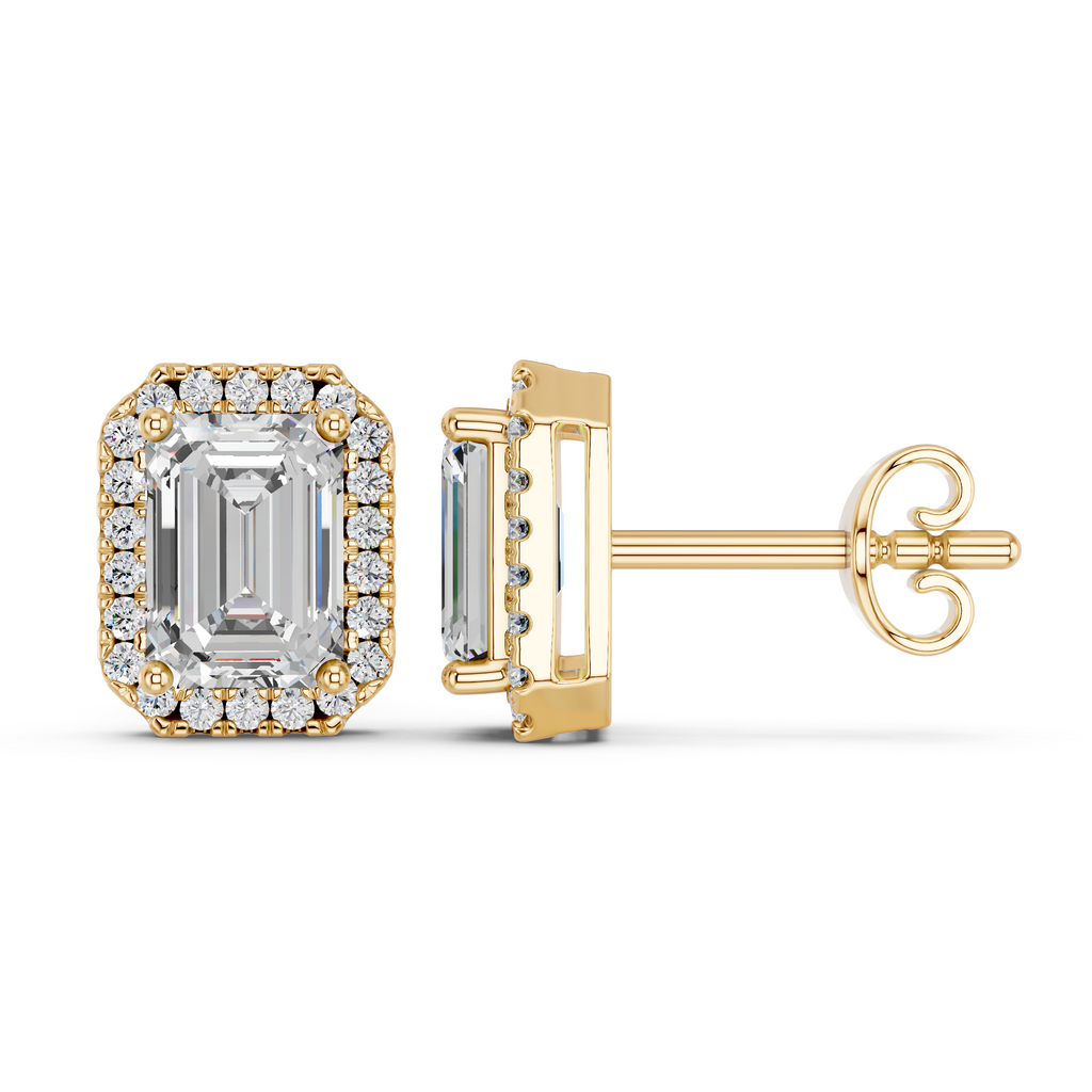 Emerald Cut Lab Diamond Halo Stud in 14K Yellow Gold – side view